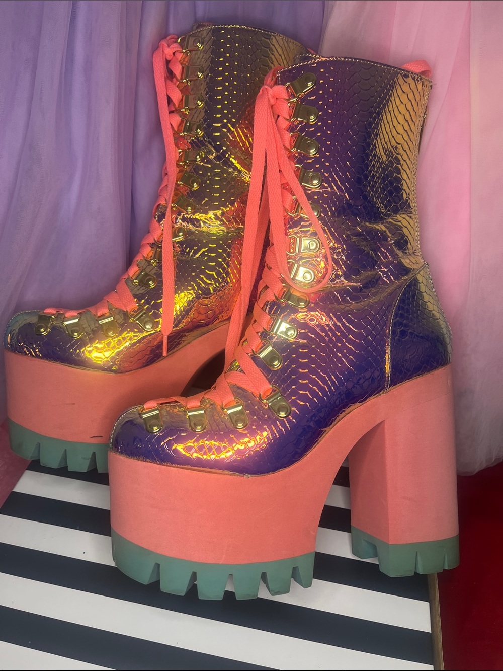 Iridescent Purple Platform Lace-Up Boots with Coral Laces - Picture 12 of 12
